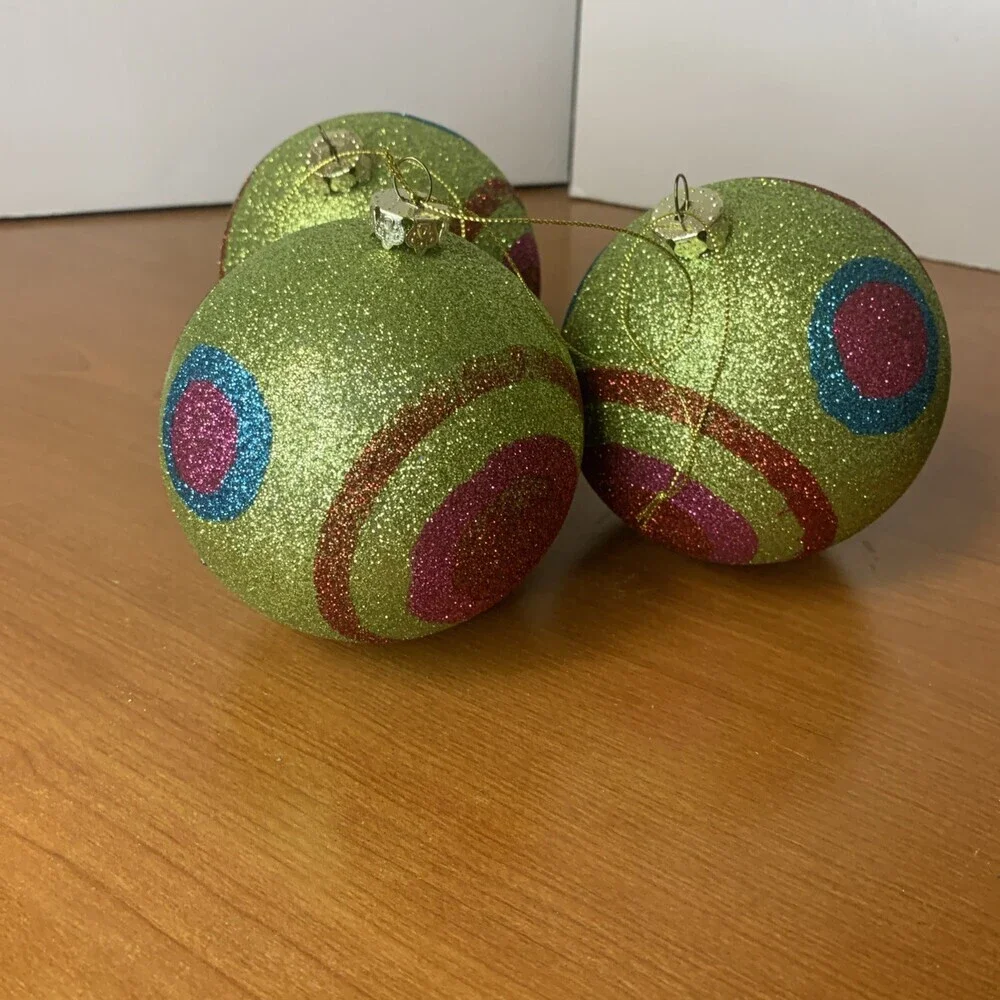 Lot Of 3 Glittery Green Christmas Ball Ornaments 4” Shatterproof